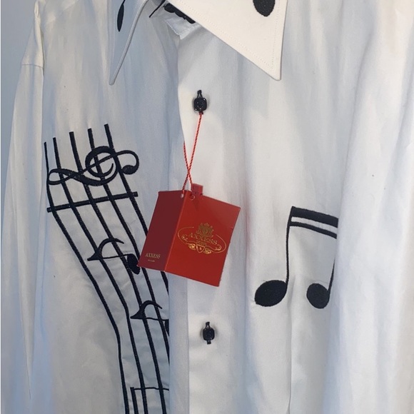 Axxess White Cotton Black Music Notes Embroidery Collar French Cuff Shirt XXL - Picture 5 of 6